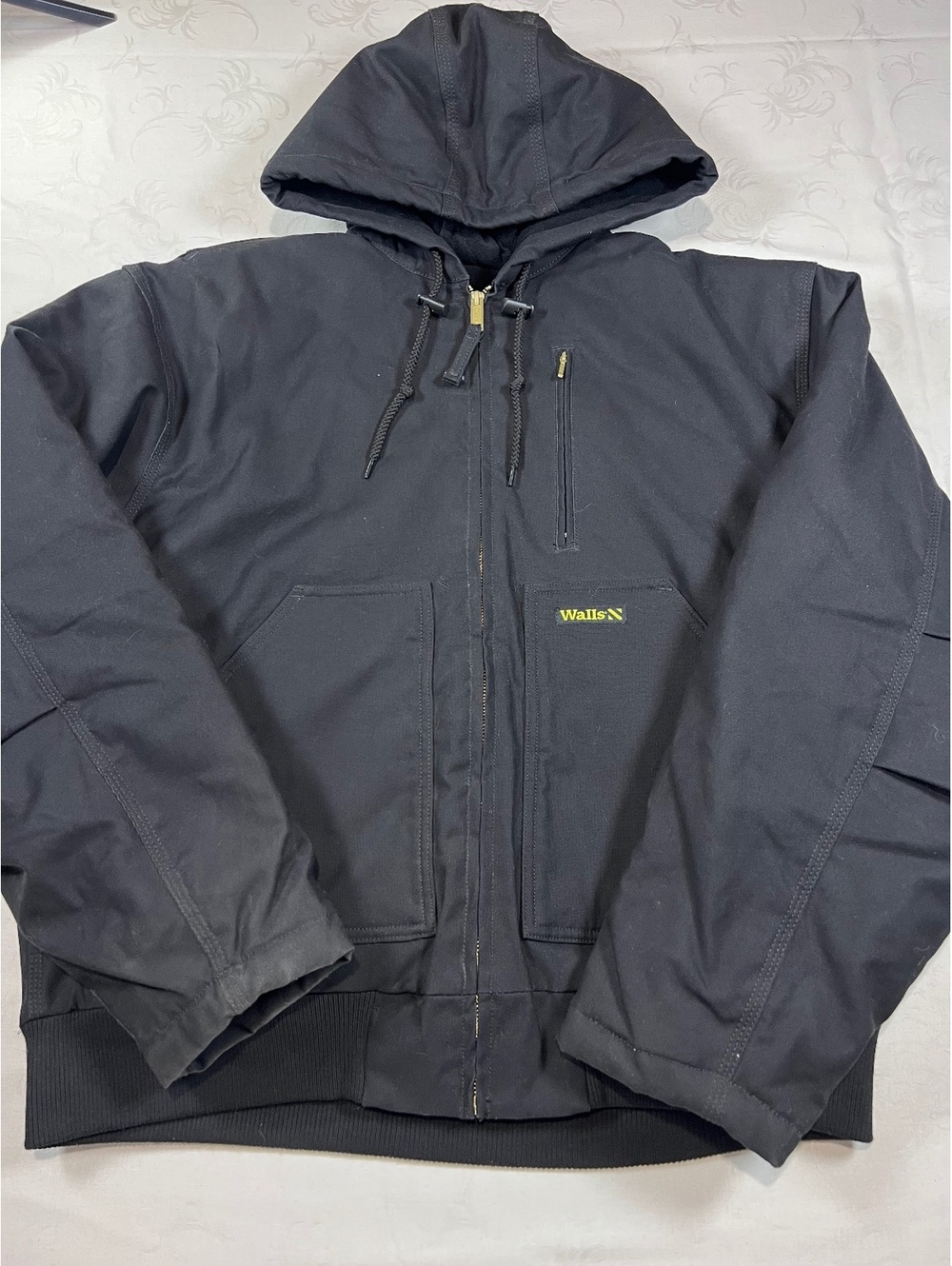Walls Workwear Hooded Canvas Black Full Zip Fleece Lined Warm Insulated Sz Large